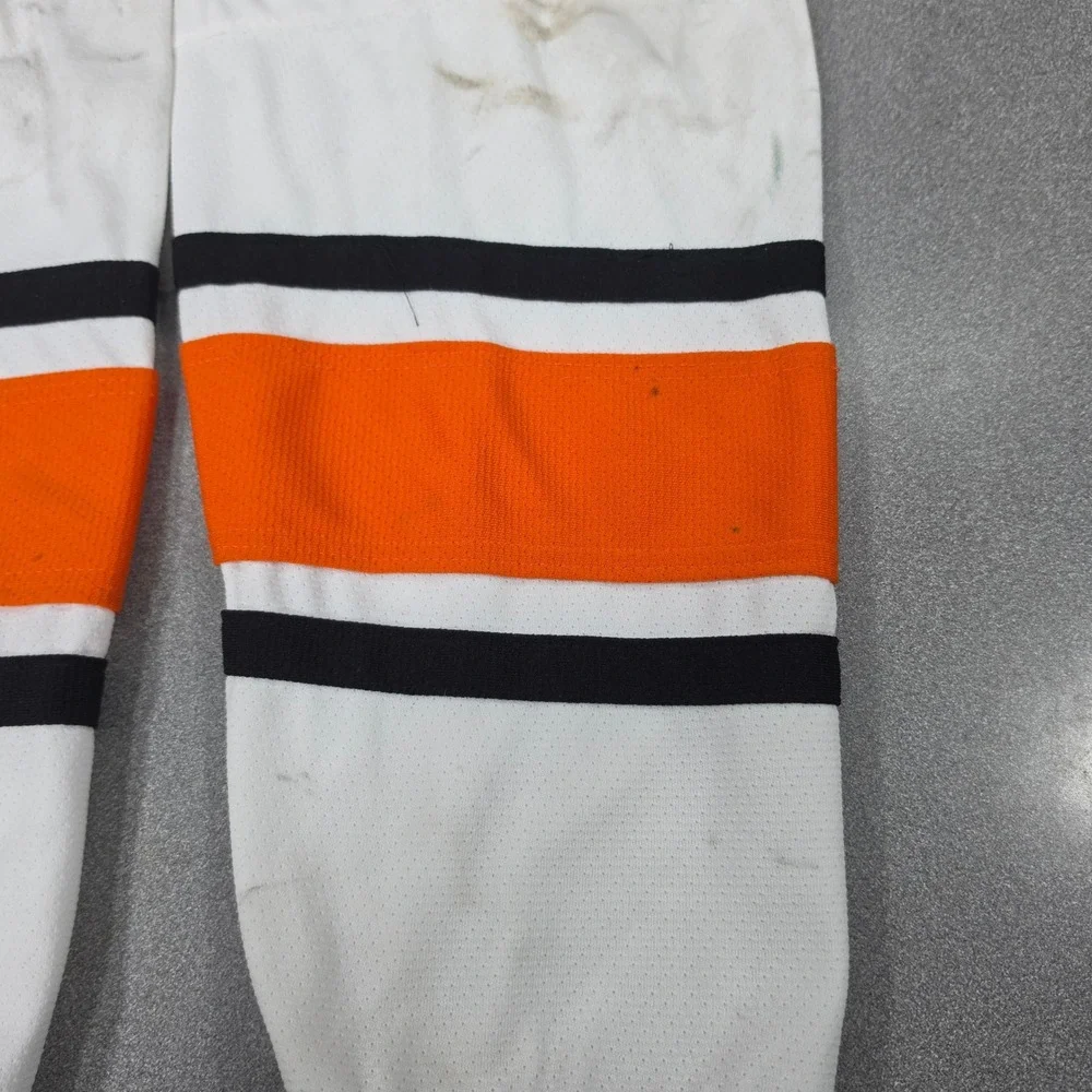 AK Hockey Socks Adult 24in White Orange Black Fair Striped Mesh Performance